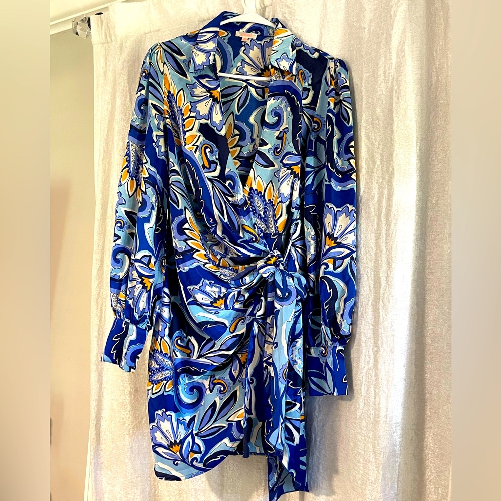Royal blue, silky, wrap dress, floral